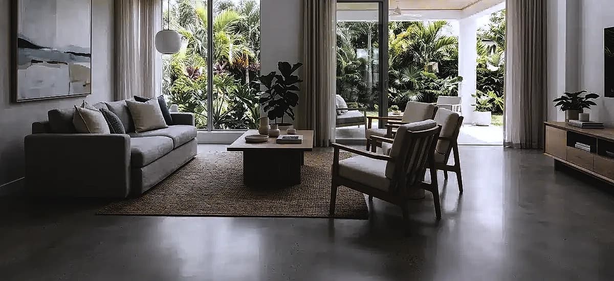 A modern South Florida living room featuring a smooth matte polished concrete floor with minimal light reflection