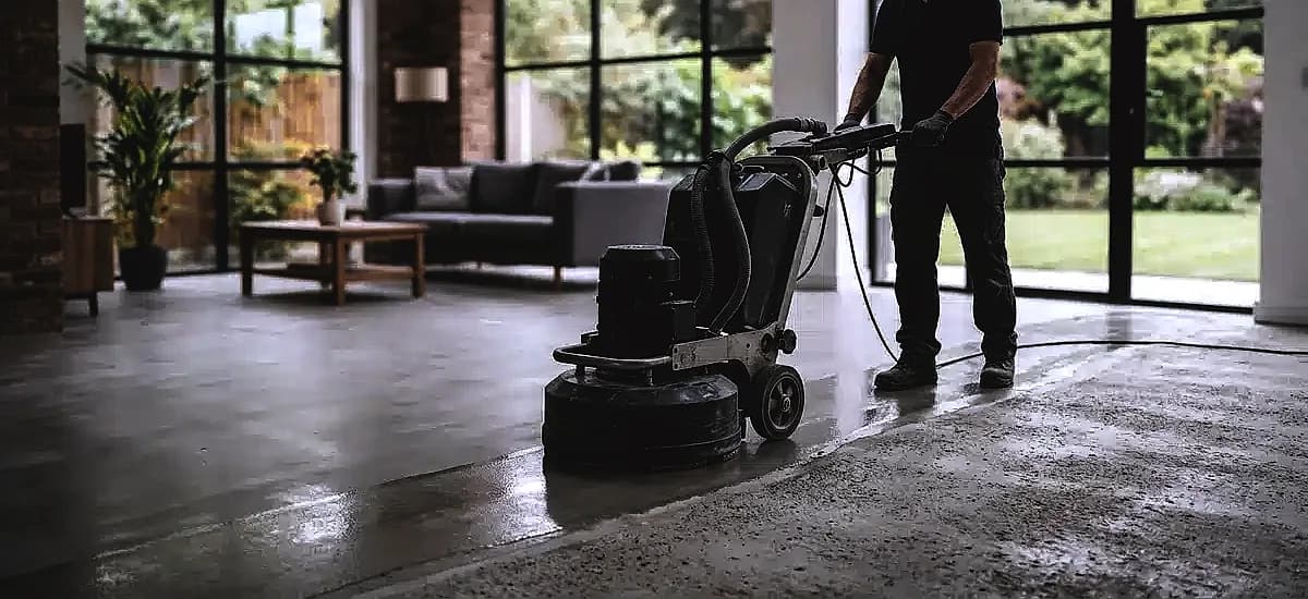 A concrete polishing machine equipped with resin bond diamonds refining a residential floor to a 200-grit matte finish