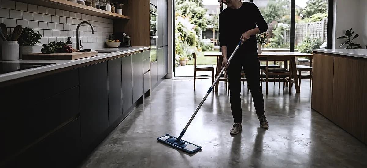 A homeowner easily cleaning a matte polished concrete kitchen floor with a microfiber dust mop