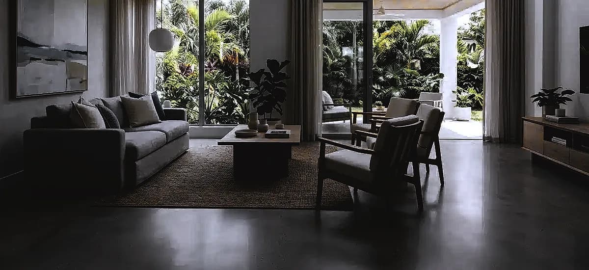 A modern South Florida living room featuring a smooth matte polished concrete floor with minimal light reflection