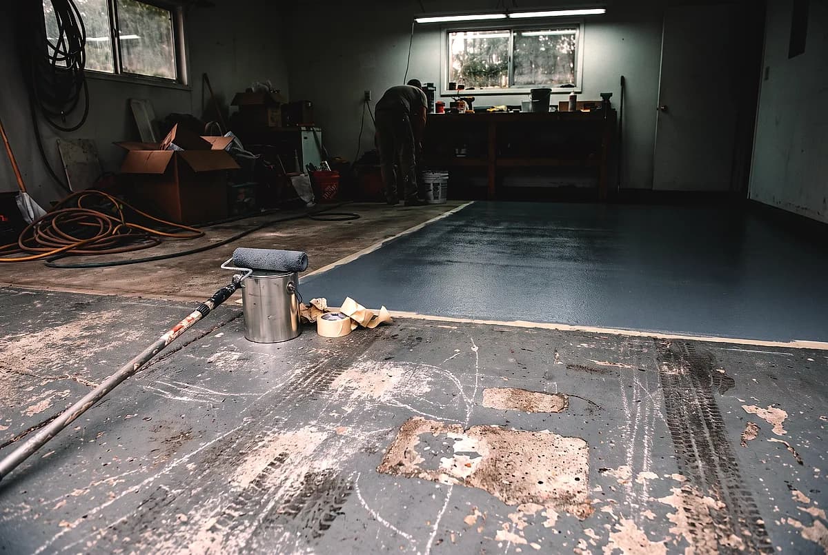 Worn grey floor paint meeting a solid even coating in a garage