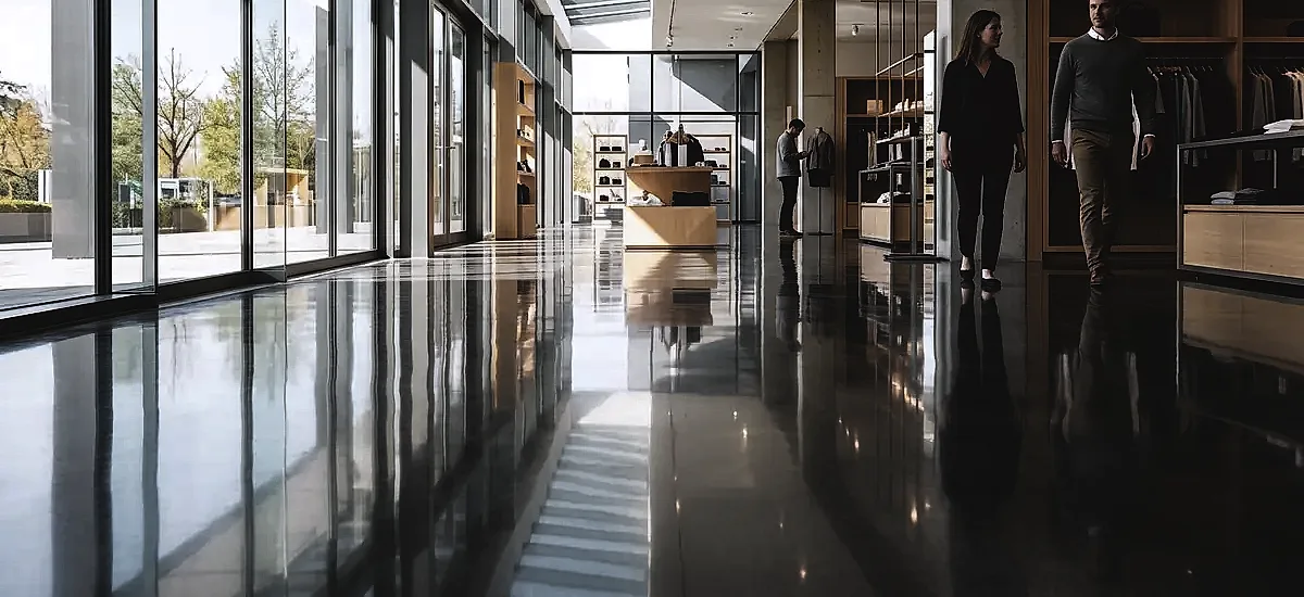 A highly reflective polished cement floor in a modern commercial retail space showing exceptional natural light reflection