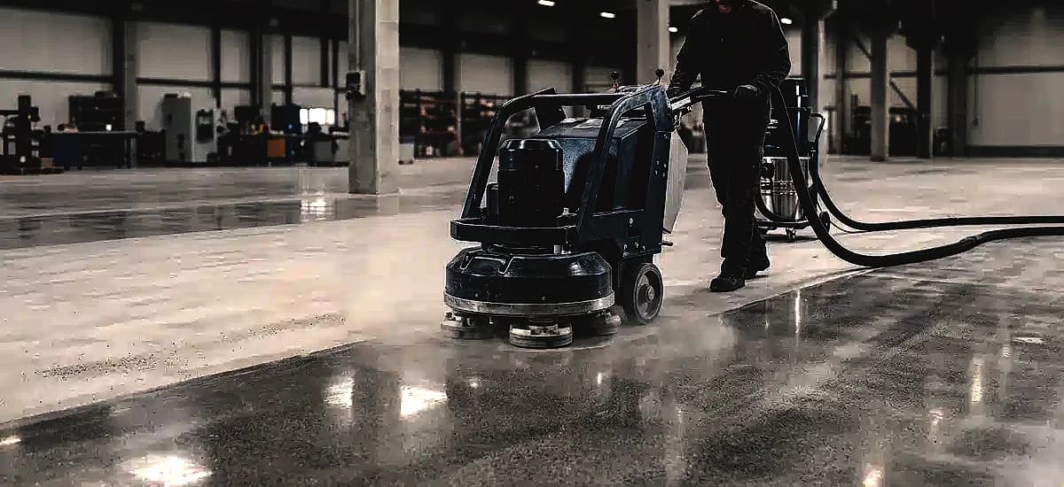 Industrial planetary floor grinder equipped with diamond tooling actively polishing a large commercial concrete slab