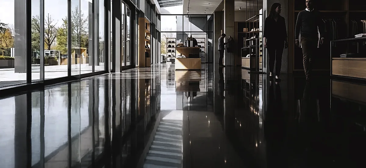 A highly reflective polished cement floor in a modern commercial retail space showing exceptional natural light reflection
