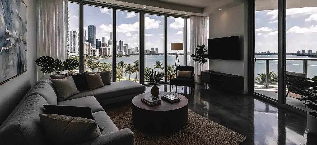 Modern South Florida apartment living room featuring high-gloss polished concrete floors and floor-to-ceiling windows