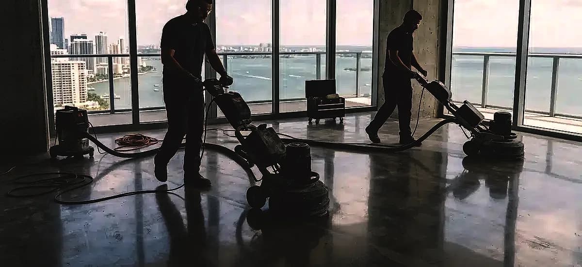 Contractors using heavy-duty planetary grinders to polish a concrete floor in a Miami high-rise apartment