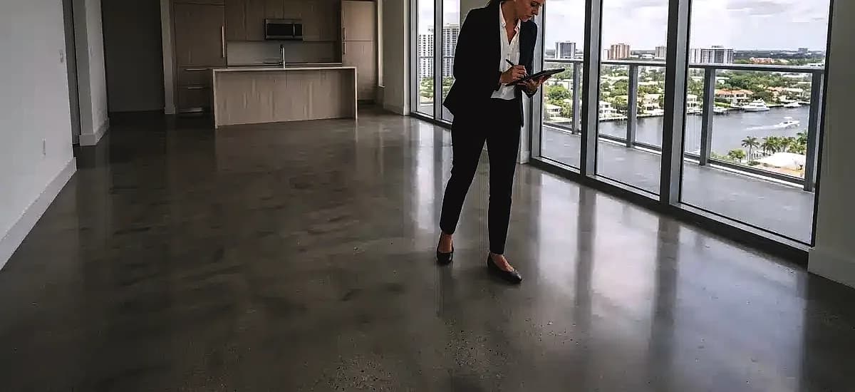Property manager inspecting a newly finished matte polished concrete floor in a luxury Fort Lauderdale apartment complex