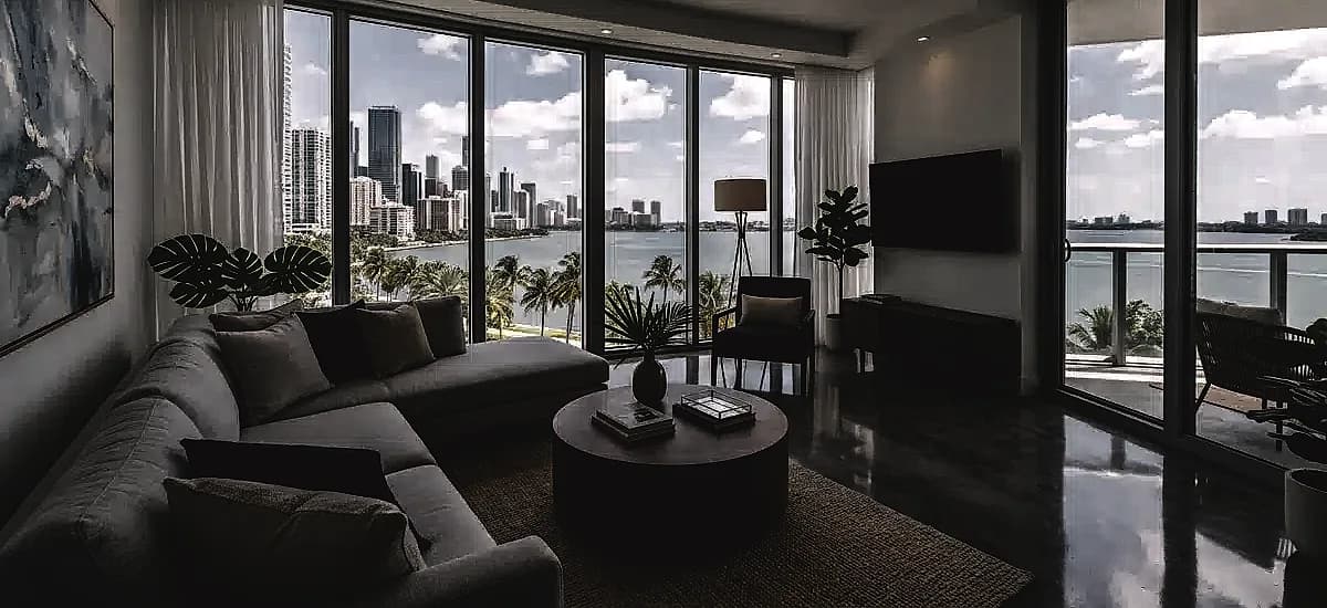Modern South Florida apartment living room featuring high-gloss polished concrete floors and floor-to-ceiling windows