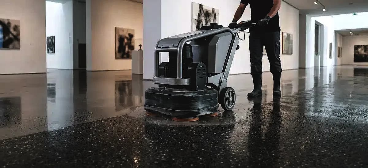 Close-up of a concrete polishing machine utilizing fine resin diamond abrasives to achieve a glass-like finish on a gallery floor.