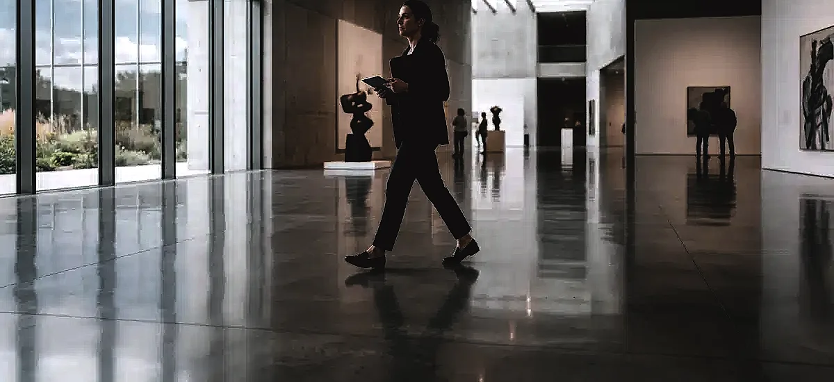 A curator walking across a highly reflective polished concrete floor in a modern museum setting, demonstrating the seamless and durable surface.