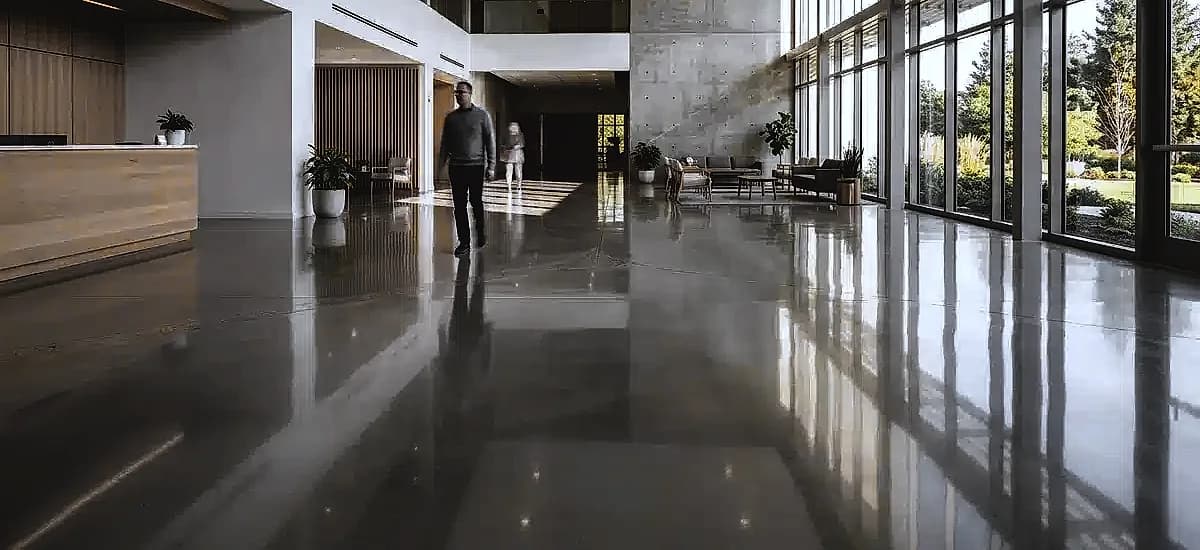 Finished high-gloss polished concrete floor reflecting natural light in a contemporary church lobby