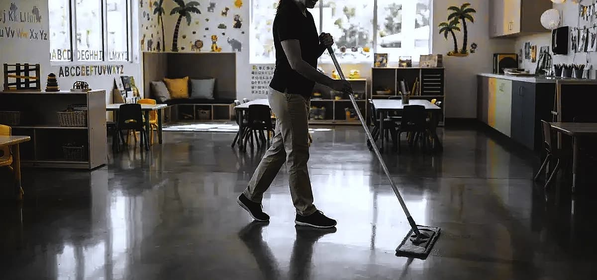 Facility manager easily cleaning a polished concrete floor in a South Florida early learning center with a simple microfiber mop