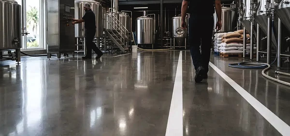 Seamless polished concrete floor in a Miami craft brewery production area meeting USDA standards