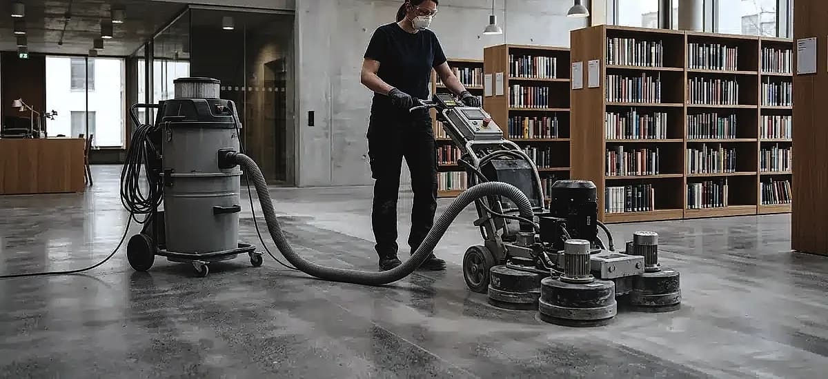 A heavy-duty planetary concrete grinder with HEPA vacuum attachments operating in a commercial library space