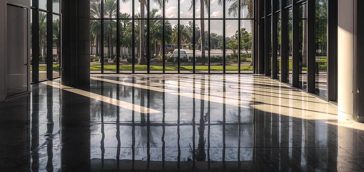 High-gloss concrete polishing South Florida in a commercial space with large windows overlooking palm trees.