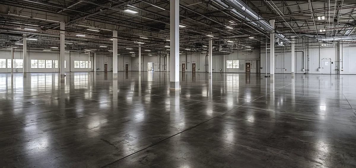 Expansive warehouse with reflective floors showcasing professional concrete polishing South Florida for commercial use.