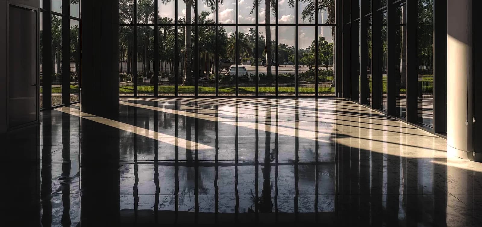 High-gloss concrete polishing South Florida in a commercial space with large windows overlooking palm trees.