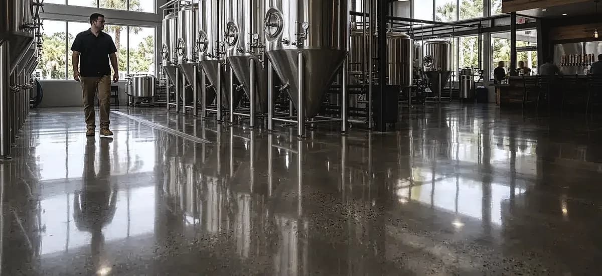 A pristine polished concrete floor in a South Florida craft brewery, showing stainless steel fermentation tanks reflecting on the smooth surface.
