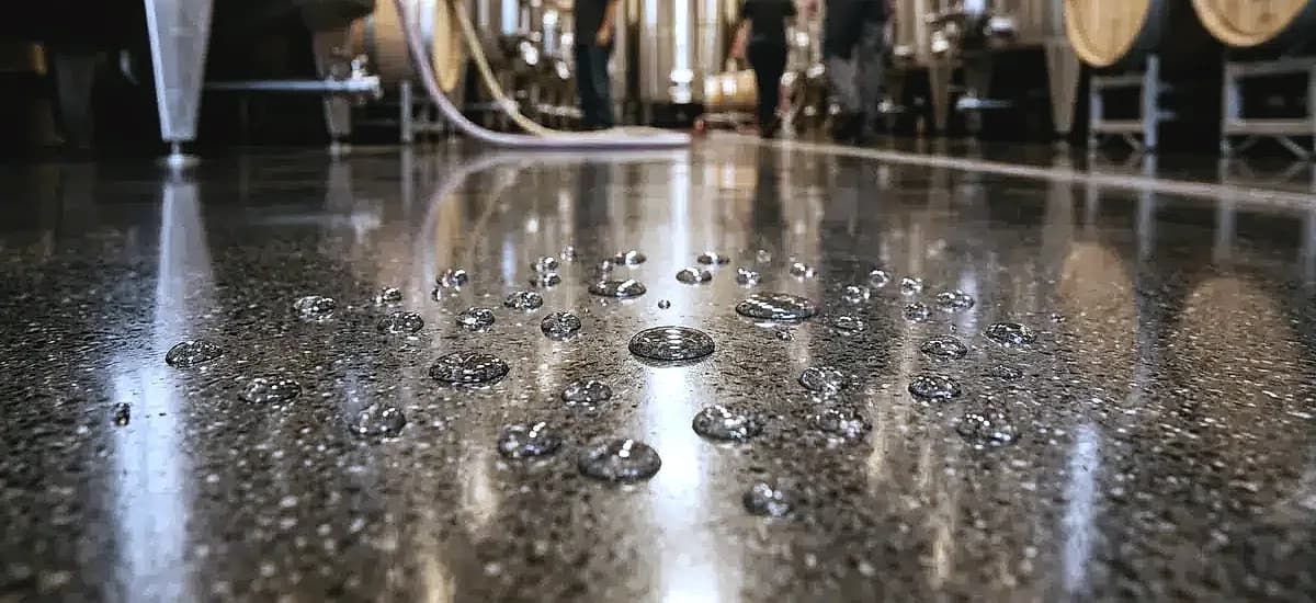 Close-up of water beading on a highly polished, moisture-resistant concrete floor in a commercial winery.