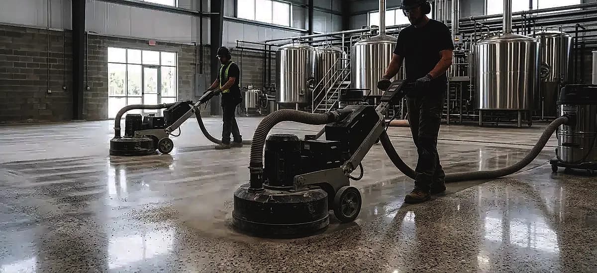 Contractors using heavy-duty planetary grinders to polish a concrete floor in a new South Florida beverage manufacturing facility.