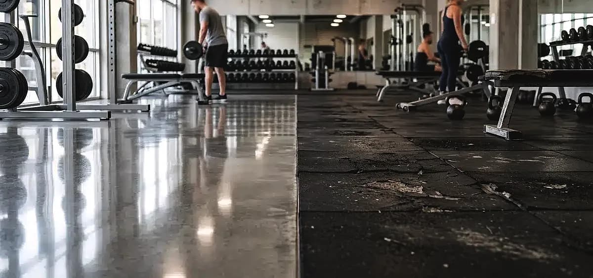 Comparison showing a pristine polished concrete gym floor next to a deteriorating rubber mat floor