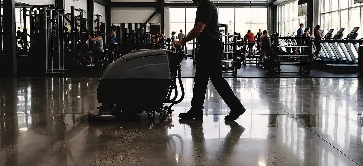 Maintenance staff easily cleaning a highly reflective, slip-resistant polished concrete floor in a commercial gym