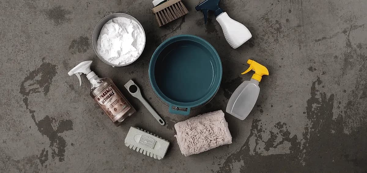 Cleaning supplies and brushes on concrete for oil stain removal, a key step for Concrete Polishing South Florida.