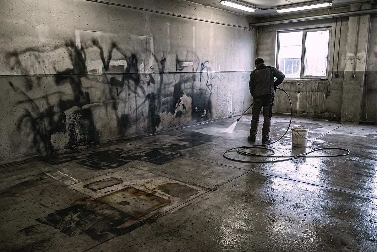 Spray paint being washed off a concrete wall and slab, half removed