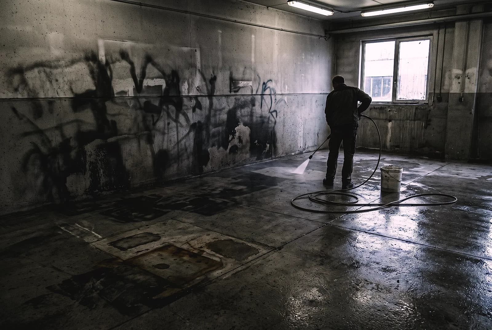 Spray paint being washed off a concrete wall and slab, half removed