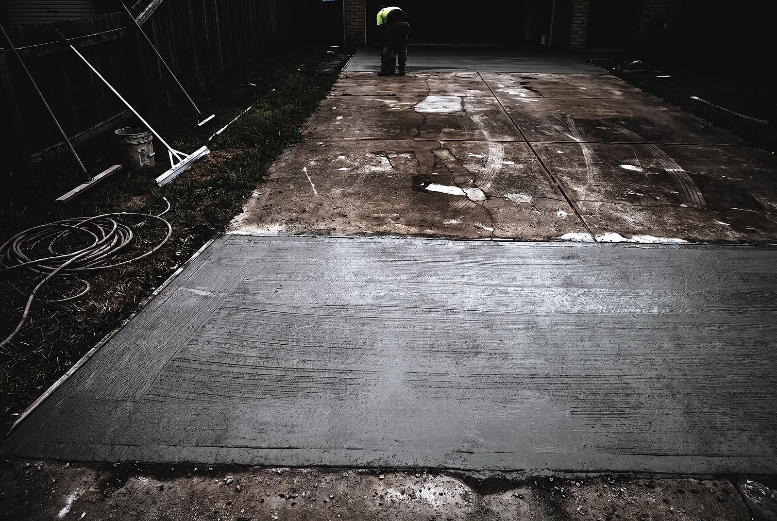 A driveway part way through resurfacing, fresh overlay beside old cracked concrete
