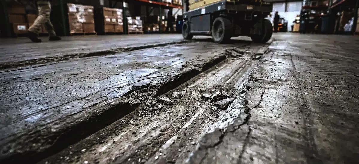 Close up of deep wheel ruts and concrete spalling caused by a scissor lift in a Miami warehouse