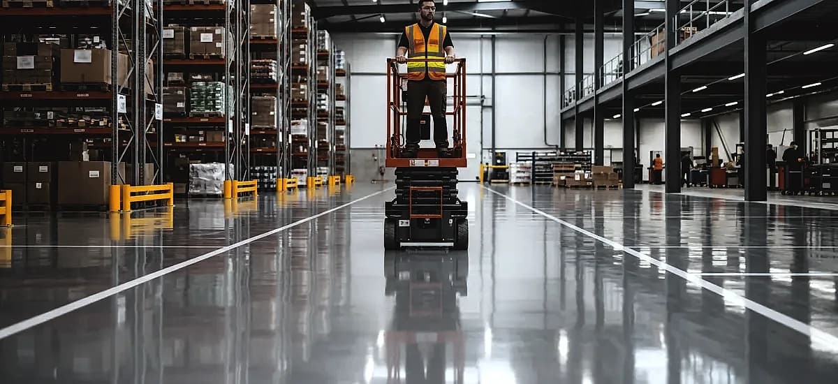 Warehouse operator driving a scissor lift on a newly coated, high-gloss polyaspartic industrial floor