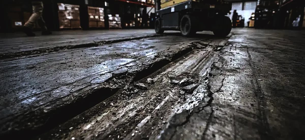 Close up of deep wheel ruts and concrete spalling caused by a scissor lift in a Miami warehouse