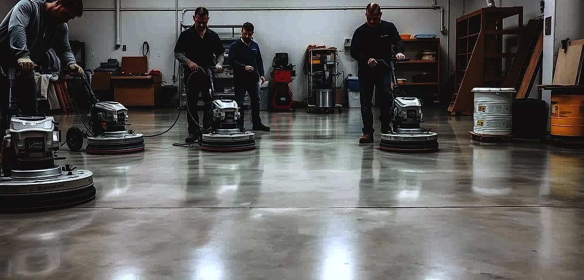 A team of experienced concrete polishing professionals working diligently in a well-lit commercial space.