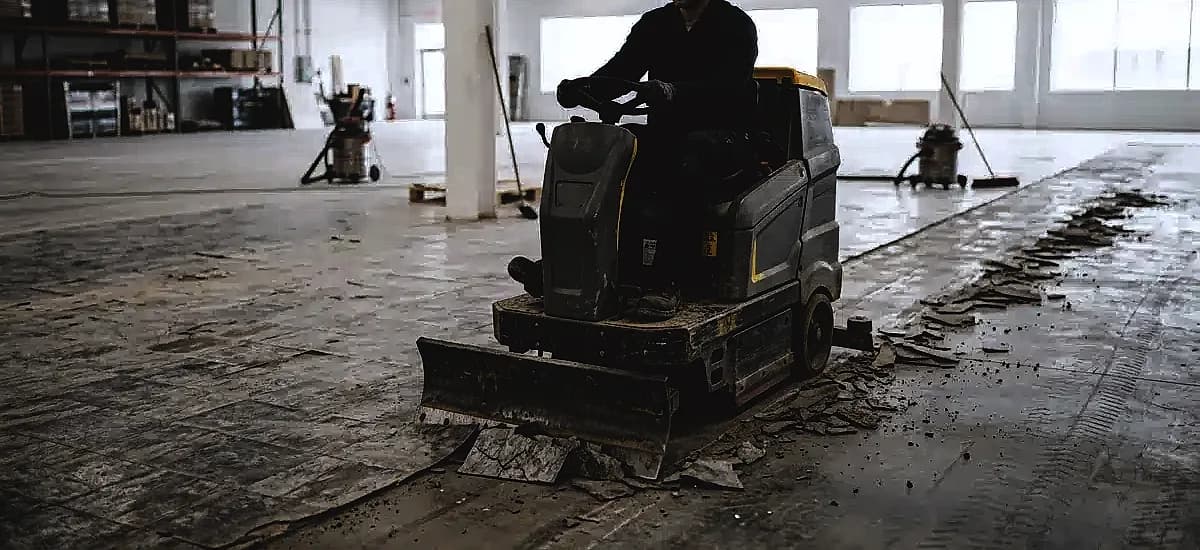 A professional technician operating a ride-on floor scraper to remove old commercial vinyl tile