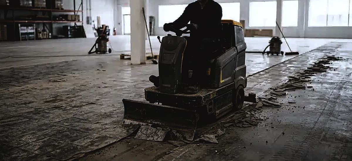 A professional technician operating a ride-on floor scraper to remove old commercial vinyl tile
