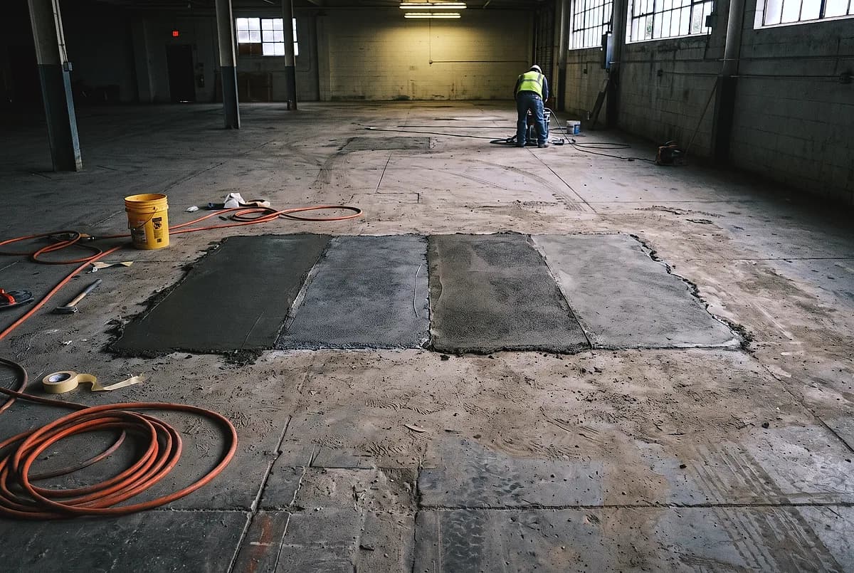 Four finished test patches side by side on one concrete floor