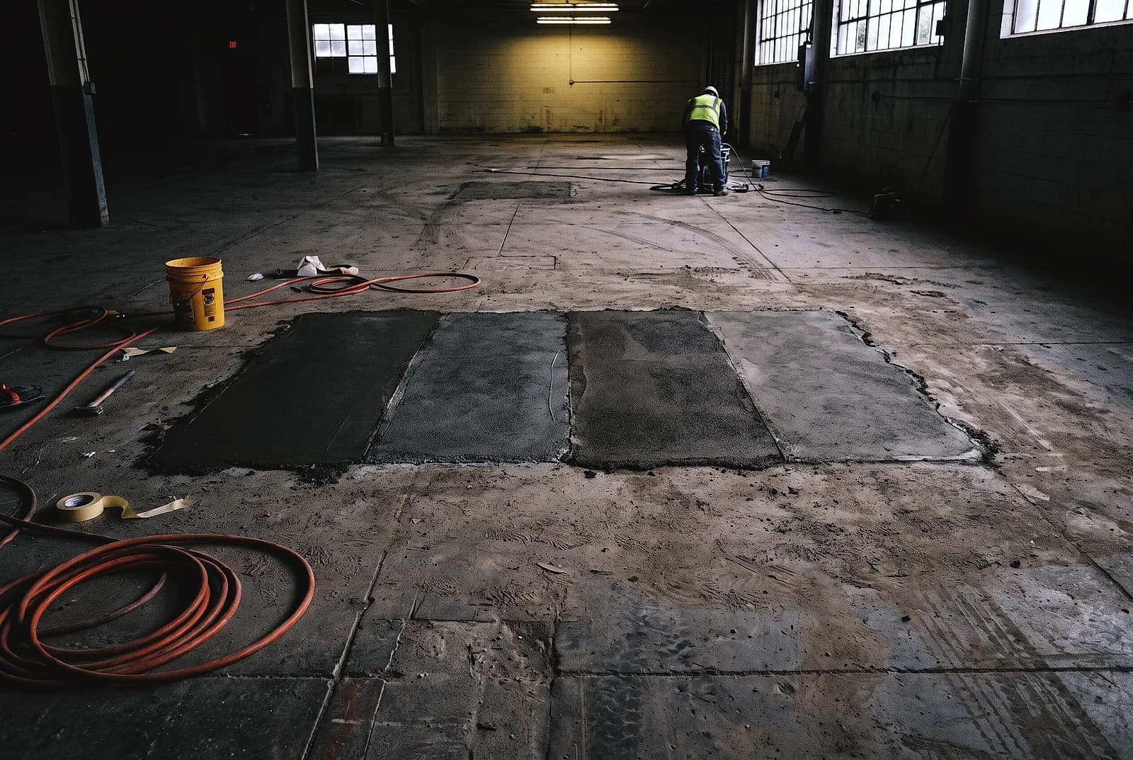 Four finished test patches side by side on one concrete floor