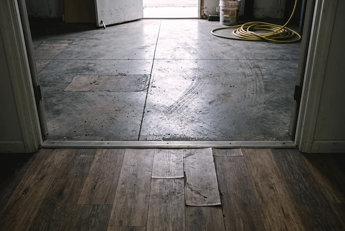 Vinyl plank meeting a coated concrete floor at a doorway threshold