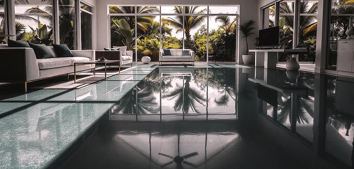A bright, sun-drenched epoxy floor in a South Florida residential setting.