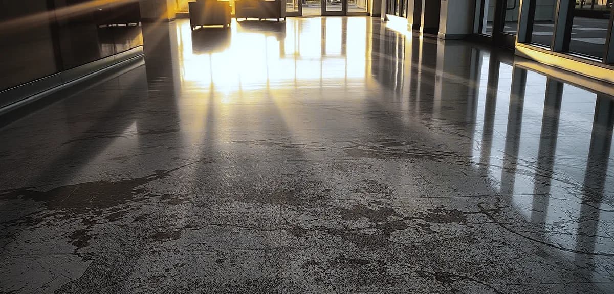 A discolored epoxy floor in a South Florida commercial space, bathed in warm, golden sunlight filtering through large windows.
