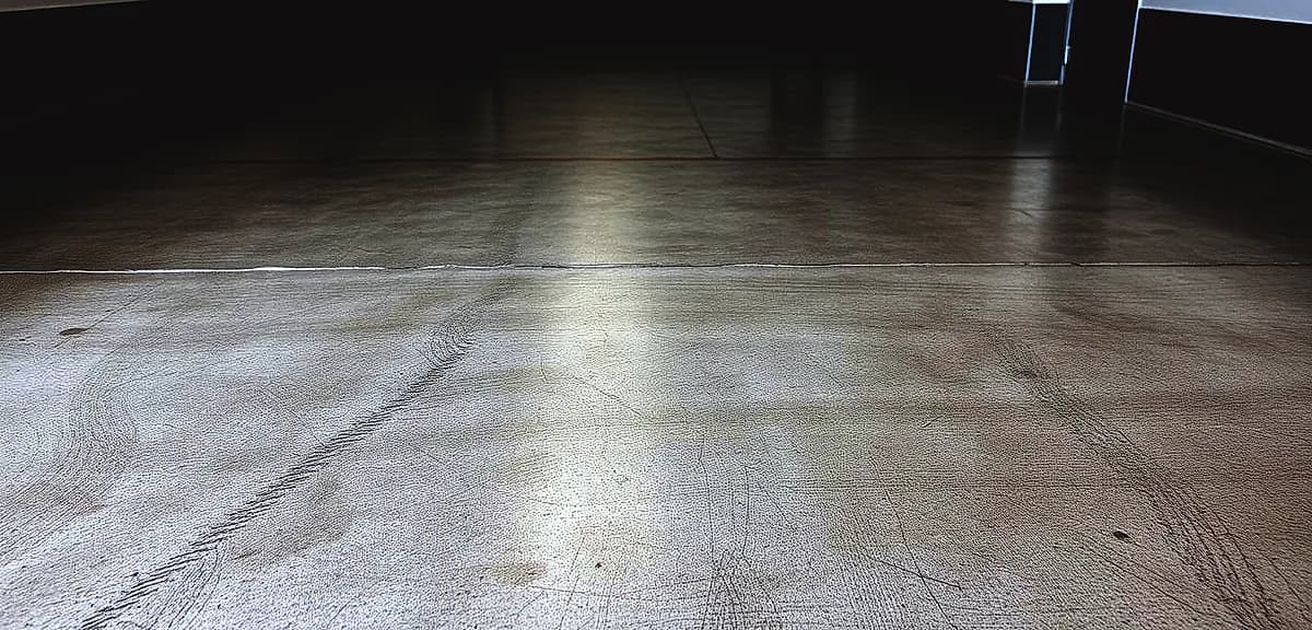A worn epoxy floor in a commercial setting, with scuffs, scratches, and discoloration from daily foot traffic.