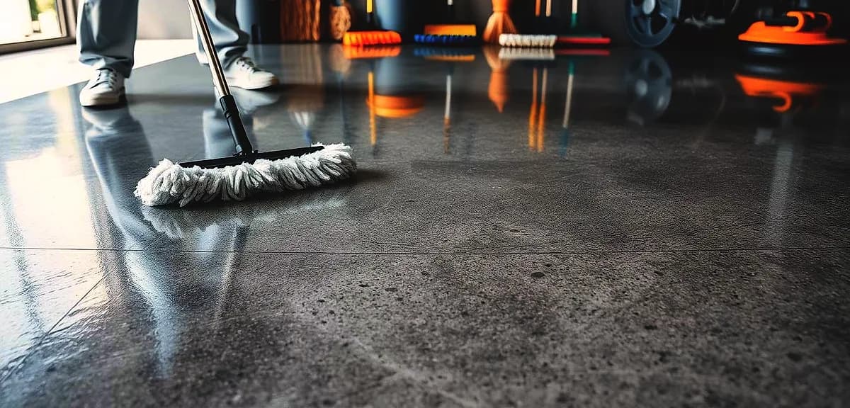 A well-lit, closeup view of an epoxy-coated concrete floor, showcasing various maintenance techniques.