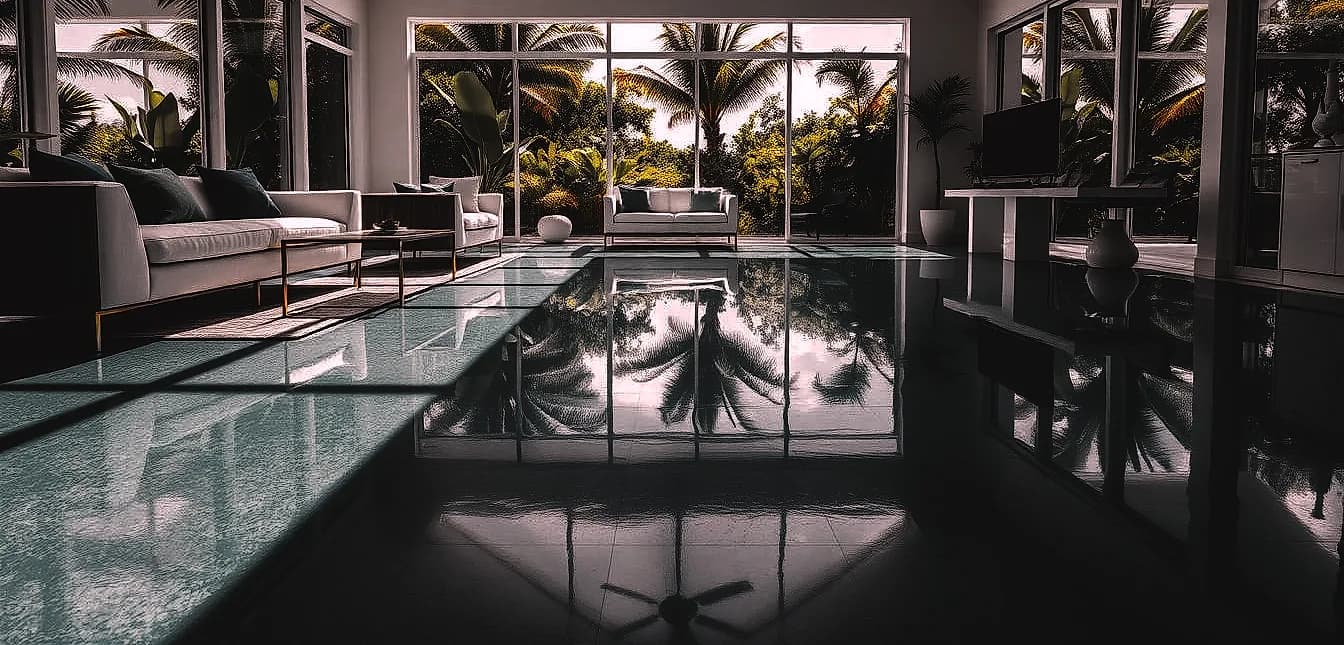 A bright, sun-drenched epoxy floor in a South Florida residential setting.