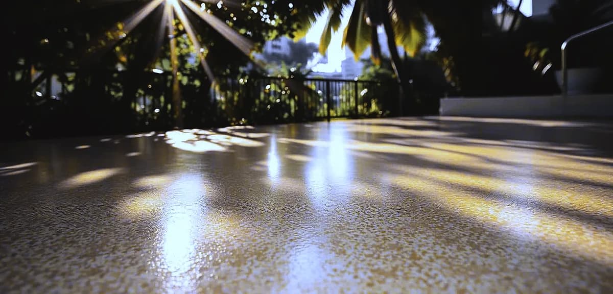 A humid, sun-dappled outdoor scene showcasing the gradual yellowing of an epoxy floor.