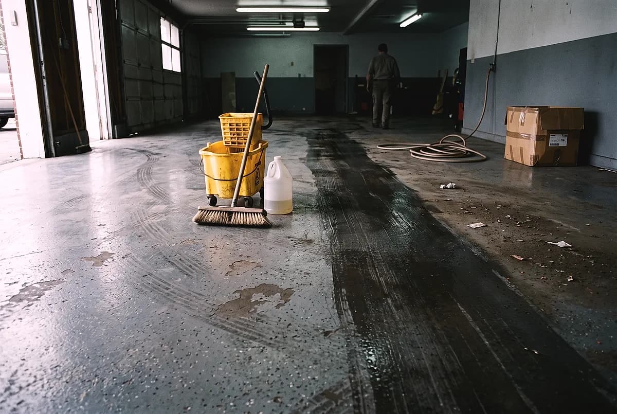 A mop bucket and brush part way through washing a coated floor