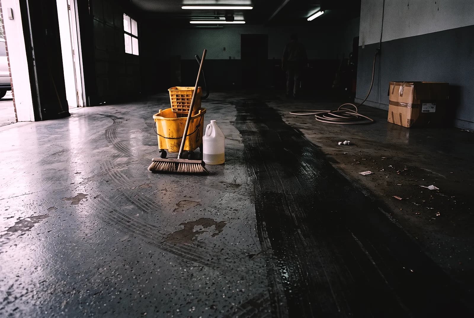 A mop bucket and brush part way through washing a coated floor