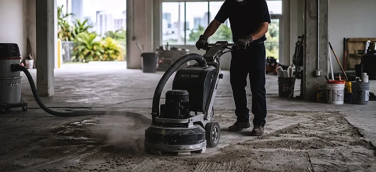 Technician using a walk-behind diamond grinder to prepare a concrete floor for epoxy repair in Miami