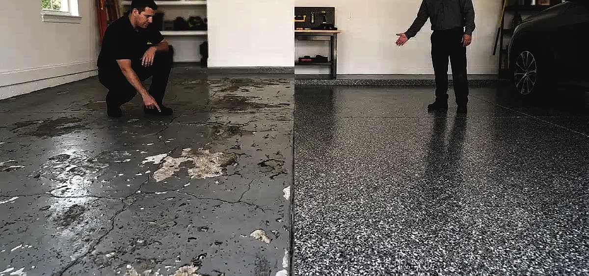 Comparison of damaged epoxy flooring versus a newly repaired and coated polyaspartic garage floor in Miami
