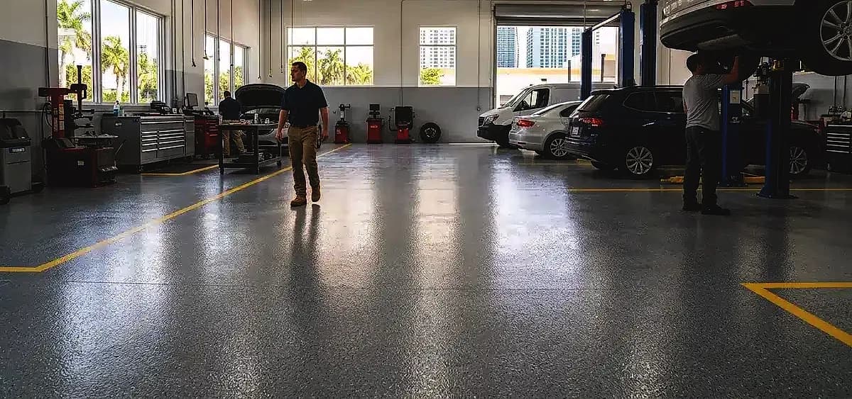 Commercial facility in Miami with a newly repaired, slip-resistant epoxy floor coating